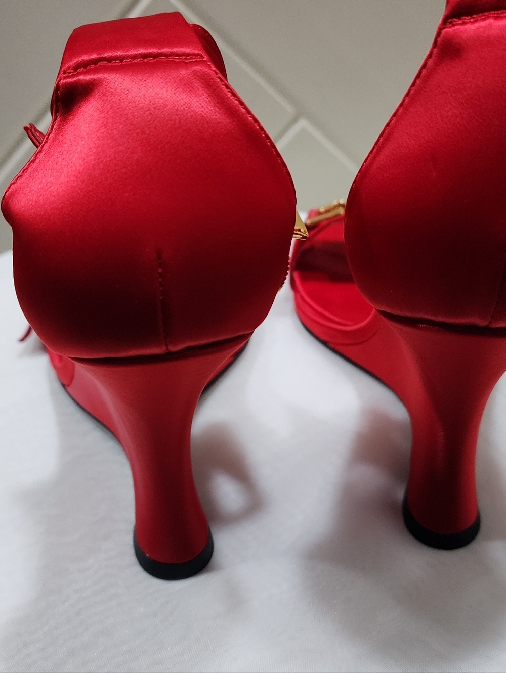 Jeffrey Campbell Red Satin Medallion Ankle-Strap Heels - Picture 4 of 6